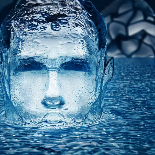 Prompt: water forming a shape of a human head, giant sculpture on the ocean water, water manipulation art, ray tracing, realistic water sharp focus, long shot, 8 k resolution, cinematic
