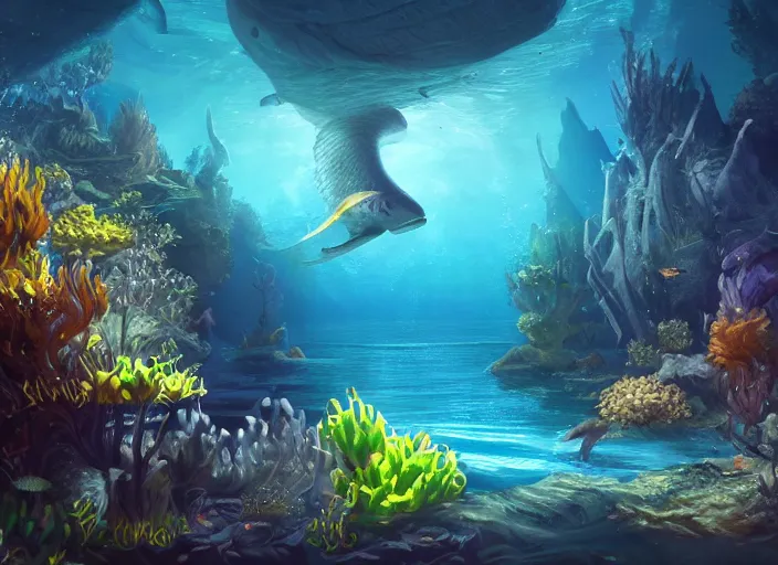 Image similar to confluence of aquatic wild life. magical, epic, particles, compute shader, underwater, fantasy, painting, detailed, paid artwork, portfolio, epic lighting
