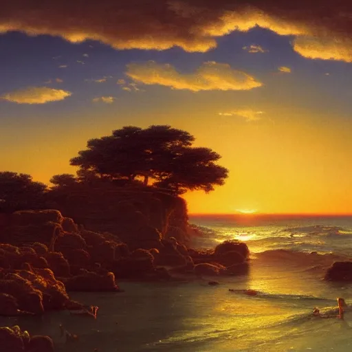 Image similar to a sunset by frederick waugh, cinematic angle, studio Ghibli and Thomas Cole vibe, bold, beautiful composition, intricate, digital art, detailed oil painting, hyperrealistic, sharp focus, 8k