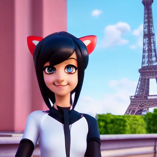 Prompt: Marinette Dupain-Cheng from Miraculous: Tales of Ladybug & Cat Noir action pose in front of the eiffel tower, octane render, close-up, fresh, sunny day