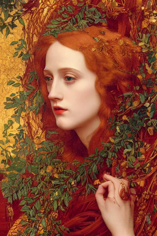 Prompt: ! dream masterpiece beautiful seductive flowing curves preraphaelite face portrait of evan rachel wood amongst leaves, extreme close up shot, red ochre ornate medieval dress, branching abstract decorate structural circle, halo, amongst foliage, ruby gilded circle halo, kilian eng and frederic leighton and rosetti, 4 k