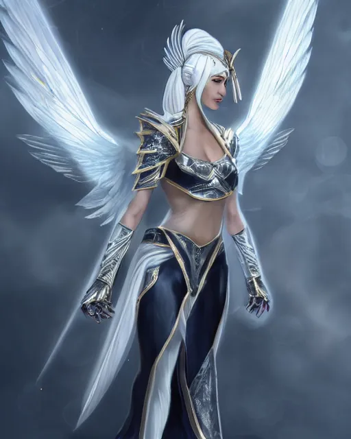 Image similar to perfect white haired egyptian goddess wearing white dove wings, warframe armor, regal, attractive, ornate, sultry, beautiful, charlize theron, half asian, pretty face, blue eyes, detailed, scifi platform, 4 k, ultra realistic, volumetric lighting, illuminated, cinematic, masterpiece, art by akihito tsukushi, voidstar