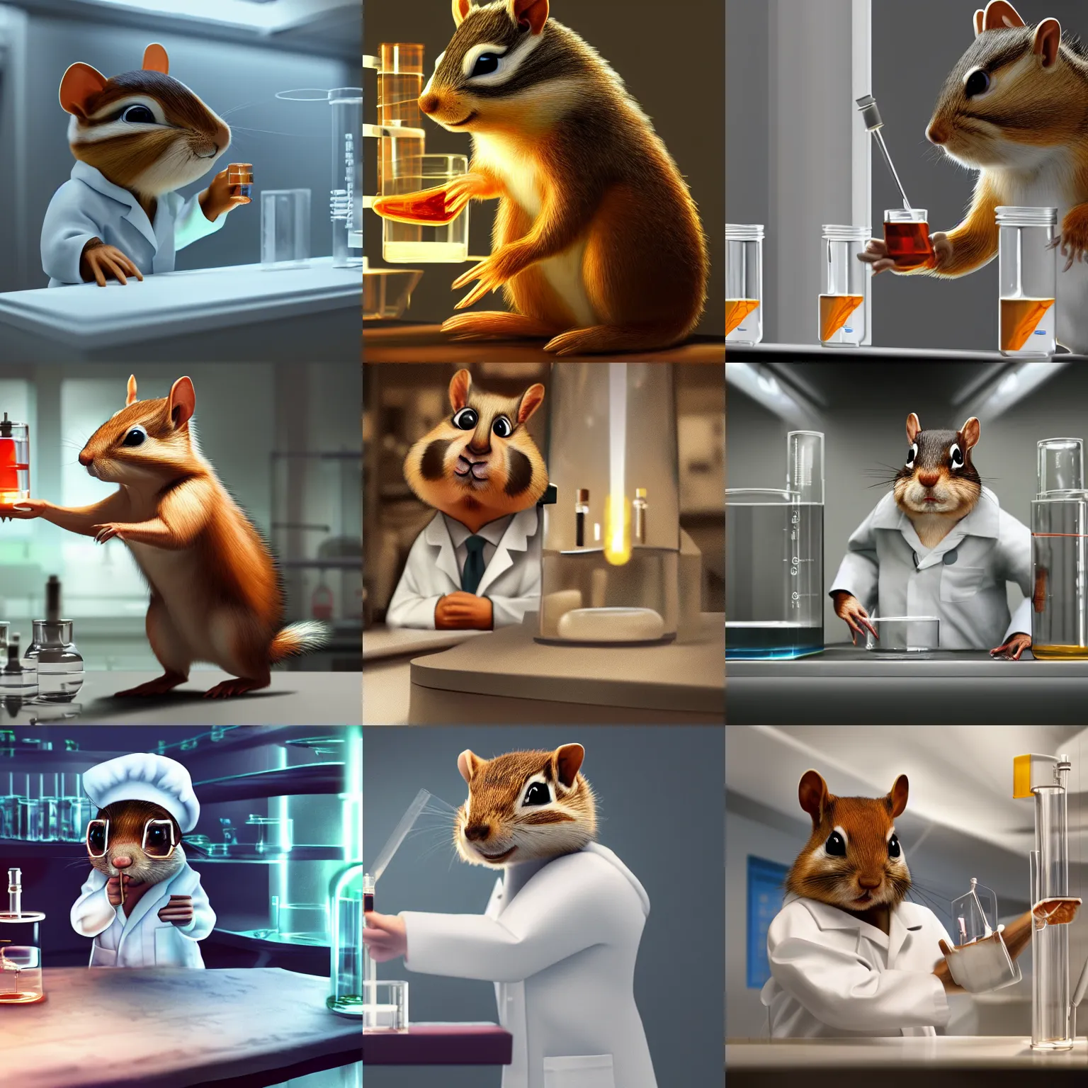 Prompt: digital art of a scientist chipmunk in a lab coat conducting experiments in a dimly lit lab, cinematic, trending on ArtStation