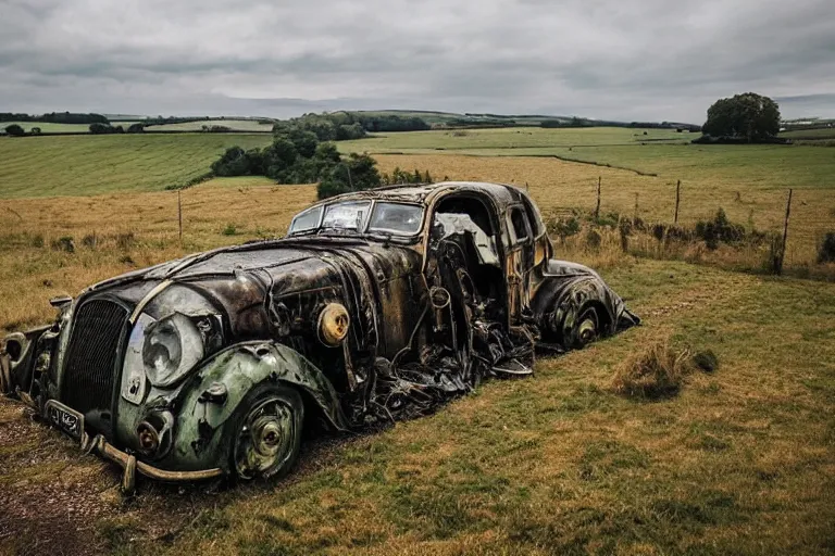 Prompt: beautiful english countryside, a ginormous destroyed dieselpunk machine lies broken in a field, fire and oil