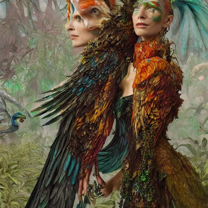 Prompt: a fashion editorial of cate blanchet as a brightly colored eagle amphibian hybrid with wet translucent mutated skin. wearing a mutated organic dress. by tom bagshaw, donato giancola, hans holbein, walton ford, gaston bussiere and peter mohrbacher. 8 k, cgsociety