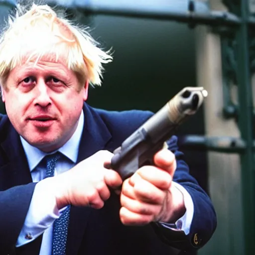 Image similar to boris johnson firing an uzi