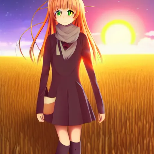 Image similar to anime illustration of Holo from Spice and Wolf standing in a wheat field at sunset, Holo is a wolf girl, high detail, trending on pixiv