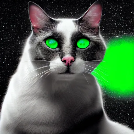 Prompt: a black and white cat mob boss in space with colorful bright green eyes, medium shot, hd, 8k, hyper-realism, detailed, octane 8k,