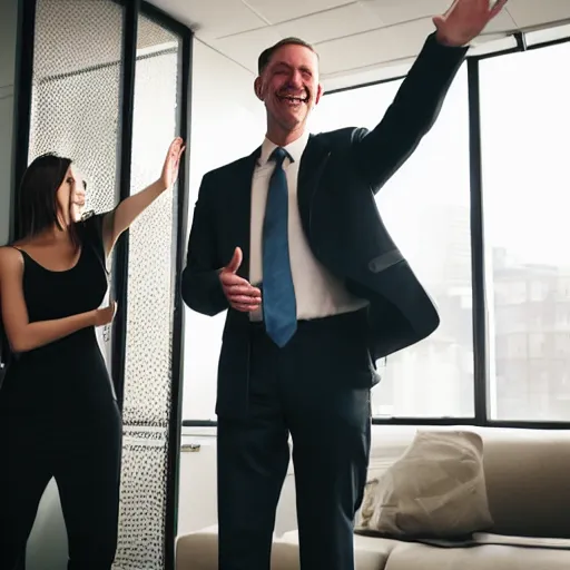 Image similar to realistic man in office waving goodbye to group of people