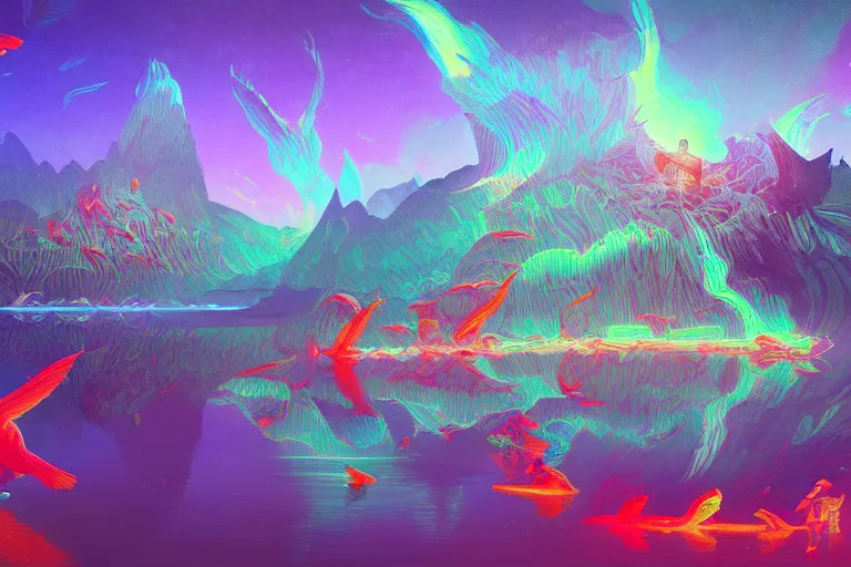 Image similar to wide ((wide)) photo of beautiful Jesse Faden (((dynamic neon lighting)) in chromatic dmt trippy lake with glowing birds, mountains, elegant, highly detailed, sharp focus, illustration, beautiful, geometric, trending on artstation, cinematic, artwork by Tran, Ross and Aivazovsky, Ivan