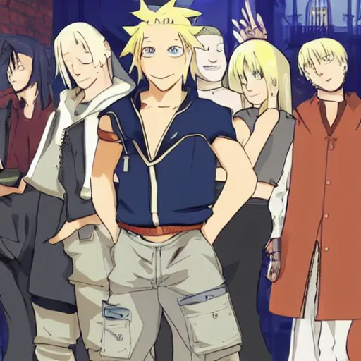 Prompt: young blonde boy fantasy thief in a tavern surrounded by a diverse group of friends, full metal alchemist, anime style