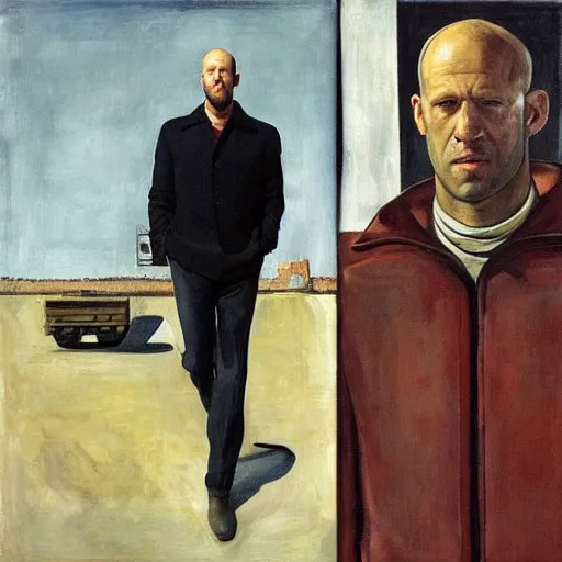 Prompt: portrait of jason statham pet detective standing atop a garbage truck giorgio de chirico mark rothko lucian freud greg rutkowski