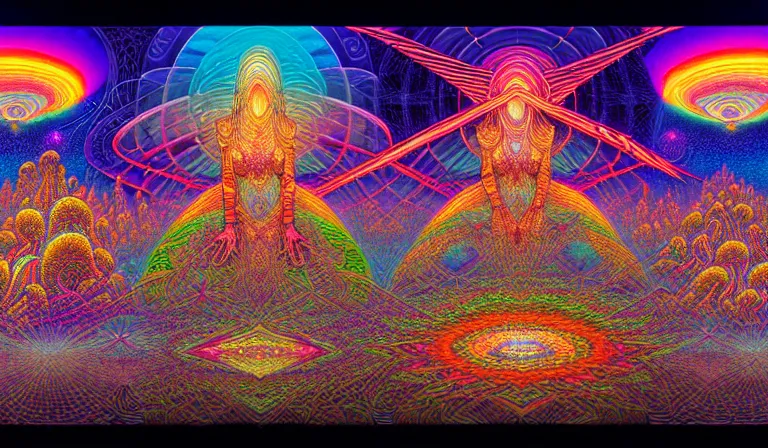 Image similar to an expansive octane redshift rendering of beautiful and complex interwoven spiritual connection between all beings by dan mumford, by jim fitzpatrick, by joe wilson, by jim burns, by victo ngai, by jacek yerka, surrounded with colorful magic mushrooms and rainbowcolored marihuana leaves, insanely integrate, featured on deviant art, trending on artstation