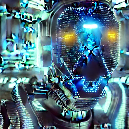 Image similar to photoreal portrait of a futuristic intricate angry robot in a infinity server bunker of singularity, intricate malfunctioning open circuits, glittering light leaks, distorted electromagnetic waves, blue glowing agressive led eyes, wearing a very smart intricate wwii combat flight mask and goggles, octane render, trending on artstation, cyberpunk, dystopia tokyo