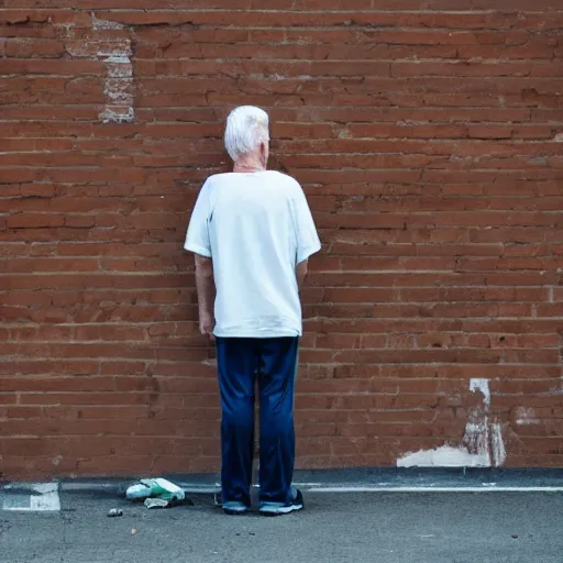 Prompt: a white - haired man, his back to the street, gazing at the elementary school, ( half demolished ). a brick in his hands.