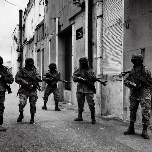Prompt: realistic ominous soldiers in street, brutalist, cinematic, atmospheric lighting, old photograph, gunfire, muted colors, black white red, bones, banners, directed by villeneuve