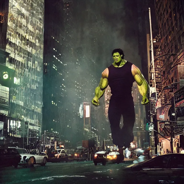 Image similar to a color photo portrait of the incredible hulk looking angry in new york city by gregory crewdson dramatic lighting.