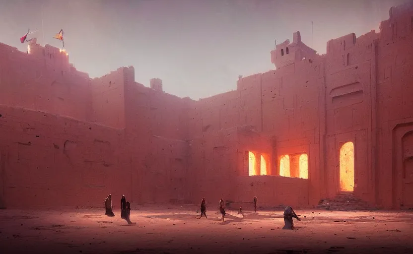 Prompt: painting of an interior ancient Persian castle in the middle of desert with dunes by Greg Rutkowski and Craig Mullins, Dark atmospheric sad and cinematic lighting, Trending on artstation