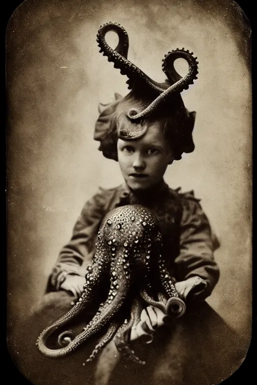 Prompt: wet plate photograph portrait of victorian octopus child with an octopus head, dressed in a victorian - era clothing, entire head is an octopus, dramatic lighting, highly detailed, smooth, sharp focus