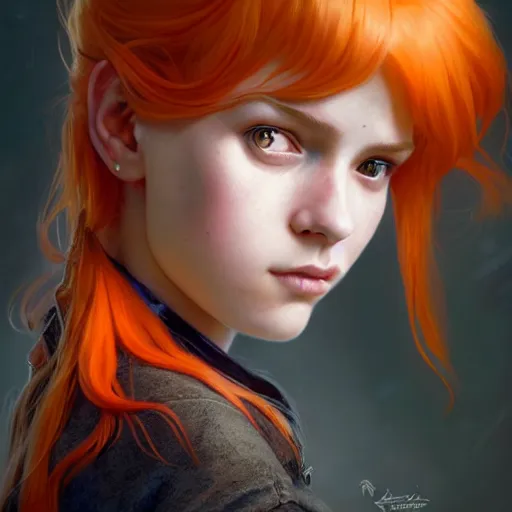 Image similar to portrait painting of a cute teenage girl with wild orange hair swept back wearing punk clothes, ultra realistic, concept art, intricate details, eerie, highly detailed, photorealistic, octane render, 8 k, unreal engine. art by artgerm and greg rutkowski and charlie bowater and magali villeneuve and alphonse mucha