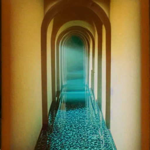 Prompt: Beautiful Fuzzy Polaroid Photograph of an tiled infinite foggy liminal pool hallway with archways and water on the floor