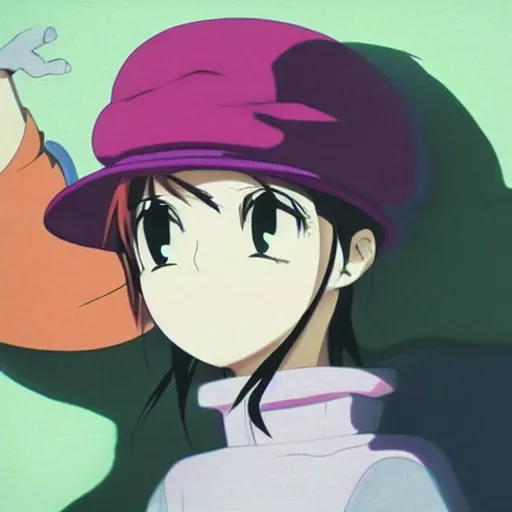 Prompt: anime girl with very large beret, beret over eye, cel - shading, 2 0 0 1 anime, flcl, jet set radio future, golden hour, underground facility, underground tunnel, pipes, rollerbladers, rollerskaters, cel - shaded, strong shadows, vivid hues, y 2 k aesthetic