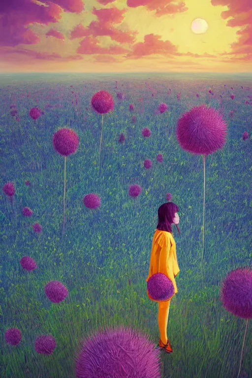 Prompt: portrait, huge thistle flower under head, a girl in a suit in field of flowers, surreal photography, sunrise, blue sky, dramatic light, impressionist painting, digital painting, artstation, simon stalenhag