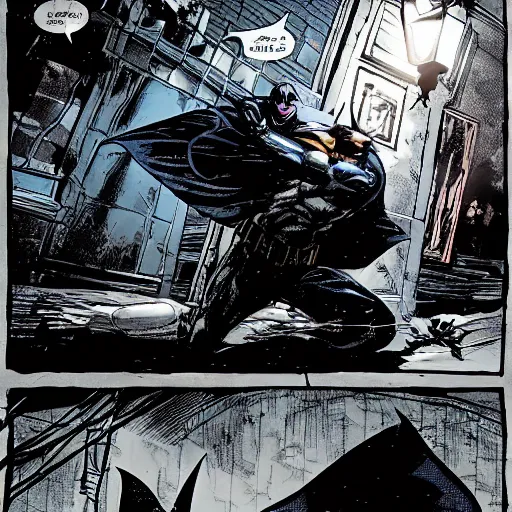 Prompt: Comic book page of Batman from Batman Arkham Knight fighting goons in a dark alley, dark atmosphere, ominous, menacing