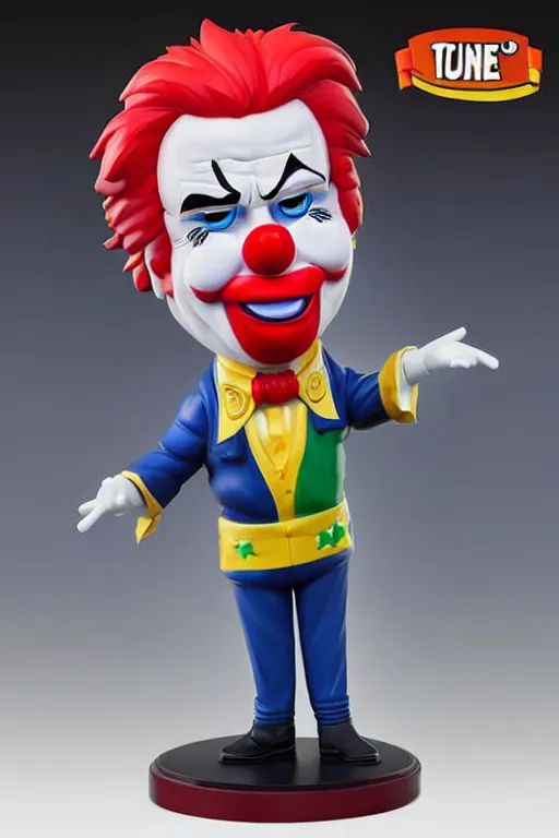 Image similar to still high quality figurine of president bolsonaro as bozo the clown, tsurime eyes, tareme eyes, personification, dynamic pose, detailed product photo, featured on amiami, tone mapped, beautiful composition, 8 5 mm, f. 1 4