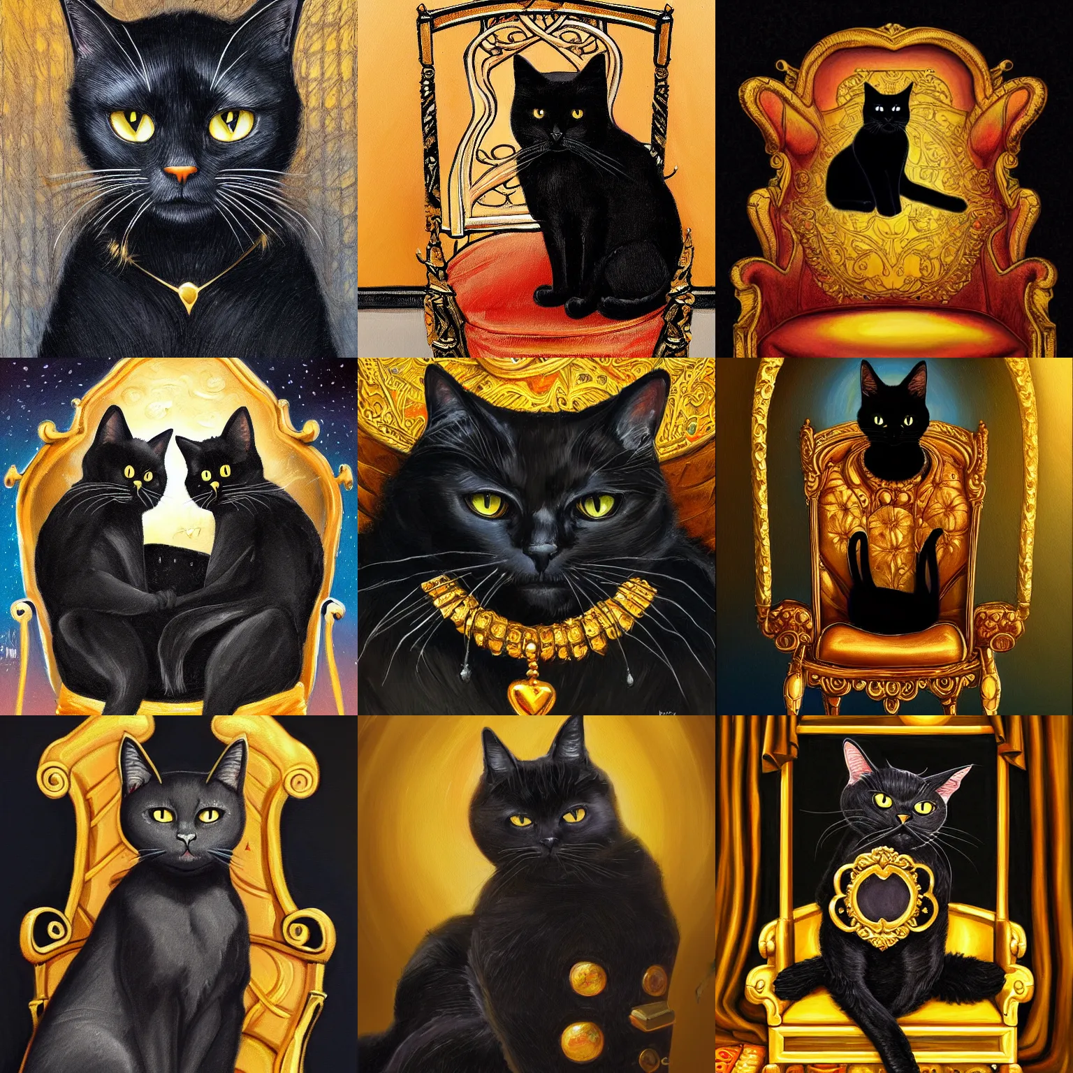 Prompt: a painting of a black cat sitting in a golden chair, a character portrait by kaja foglio, artstation, fantasy art, detailed painting, storybook illustration, black background