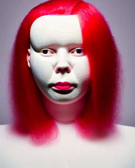 Prompt: symmetrical close - up portrait of a woman wearing a pink silicone beauty mask and red hair rolls, wearing a red bodysuit by alexander mcqueen, cream white background, biotechnology, humanoide robot, bjork aesthetic, translucent, by rineke dijkstra, masterpiece,