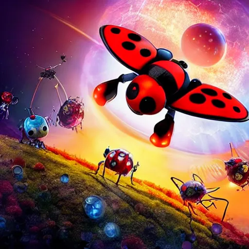 Prompt: promotional movie still, ladybug futuristic ( ( descendants ) ), ladybug quadruped with big rgb eyes, huge ladybug mothership, space western, dramatic lighting, the fellowship of the ring ( film ), ( ( ( wall - e ( film ) ) ) )