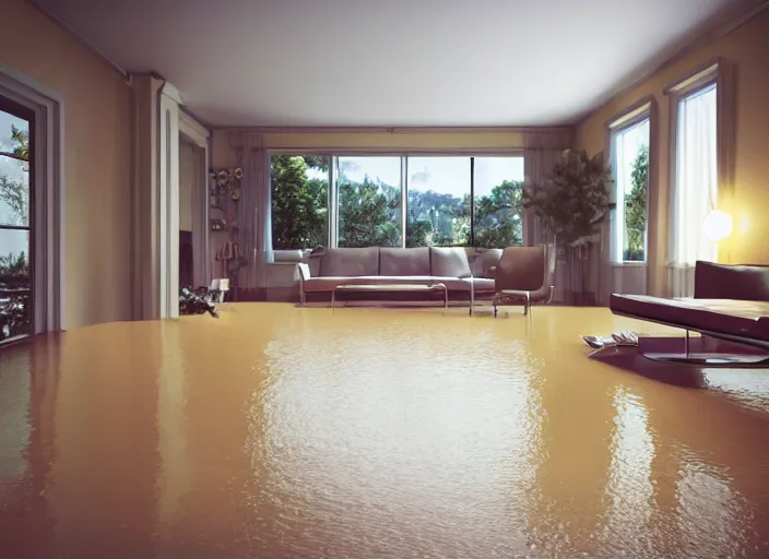 Image similar to kodak portra 4 0 0 photographic and realistic, 7 0 s living room, detailed, octane render, unreal engine, 4 k, artstation, hyper realistic, wide angle, floor flooded, how a river, objects that float, 3 5 mm, sharp focus, soft light, volumetric light fog, in the style of gregory crewdson