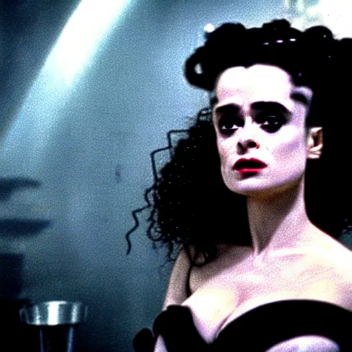 Prompt: cinematic portrait of surprised helena bonham carter as bride of frankenstein as a replicant in a busy nightclub,, still from the movie bladerunner, fashion photography, a sign is in the background, 8 k, high detail, face in focus
