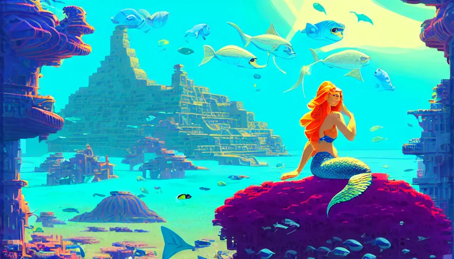 Prompt: a beautiful mermaid looking at the sunken city of Atlantis under water, rays of sunlight, stunning grand architecture, fish and sea creatures in background, detailed painterly digital art style by Tom Whalen and Noah Bradley and Alena Aenami and Jeremiah Ketner and Dan Mumford, 8k octane beautifully detailed render, post-processing, extremely hyperdetailed, intricate, epic composition, grim yet sparkling atmosphere, cinematic lighting + masterpiece, trending on artstation, very detailed, vibrant colors, Art Nouveau, volumetric god rays, deep underwater scene, sharp focus, smooth, dizzy, moody