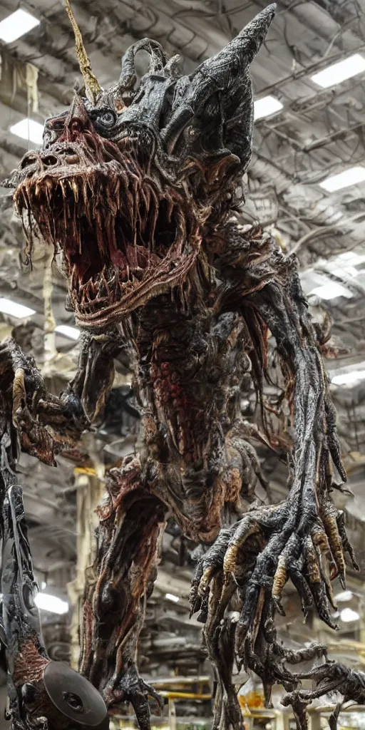 Prompt: photo taken of an epic intricate, ultra detailed, super realistic gritty, hero prop, exquisitely painted animatronic movie prop of a grotesque nightmarish hellish alien creature displayed in the workshop, created by weta workshop, full body shot, photorealistic, sharp focus
