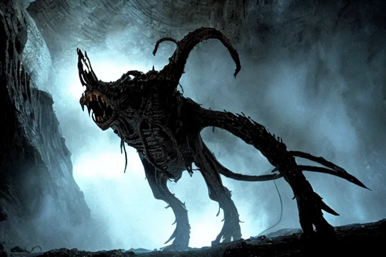 Image similar to movie still, a balrog lurking through moria, style of h. r. giger, directed by ridley scott, moria in the style of h. r. giger, dark, cinematic, cinemascope