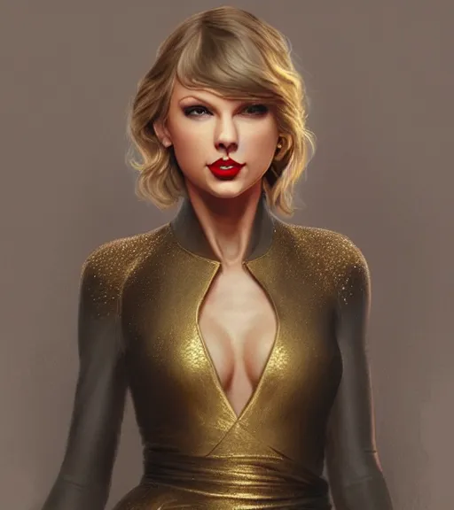Prompt: taylor swift wearing a golden dress, grey hair, red necktie, cinematic, stunning, highly detailed, digital painting, artstation, smooth, hard focus, full body shot, illustration, art by artgerm and greg rutkowski and alphonse mucha