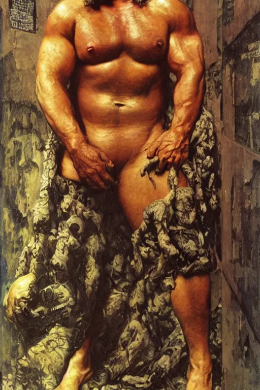 Image similar to full length portrait of morgan aste as an eight foot tall gangster by lawrence alma tadema and zdzislaw beksinski and norman rockwell and jack kirby and tom lovell and greg staples