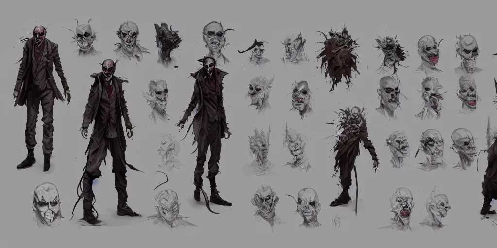 Image similar to scary the joker, character sheet, concept design, contrast, kim jung gi, greg rutkowski, zabrocki, karlkka, jayison devadas, trending on artstation, 8 k, ultra wide angle, pincushion lens effect