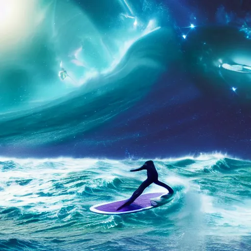 Image similar to photo of a alien surfing a surfboard on a crashing l wave of alien ocean in space, background is an alien galaxy, aliens in the background, alien colors, octane render, unreal engine, wide view, 8 k, high detaild