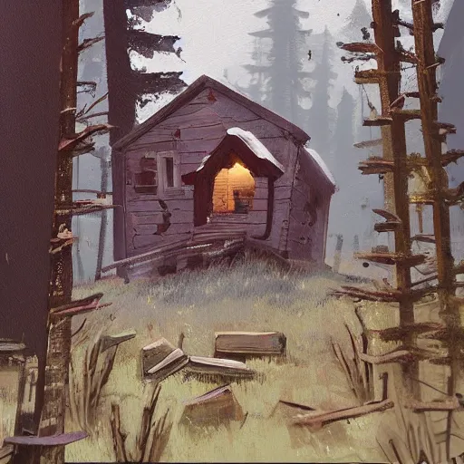 Prompt: a painting of a Eerie cabin in the middle of the woods in the style of Ian McQue