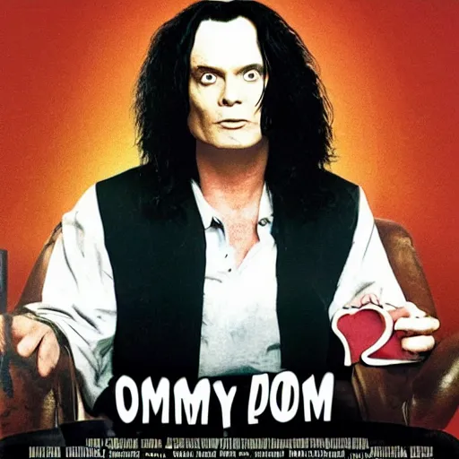 Image similar to tommy wiseau from the room ( 2 0 0 3 ), with the words oh hi mark written, poster, perfect kerning