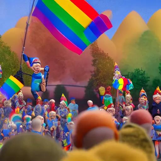 Image similar to the pride gay parade of gnomes in Dushanbe, super detailed high resolution cinematic scene