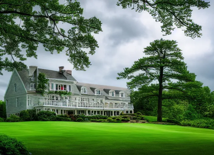 Prompt: landscape photography cape cod mansion, warm lightning, beautiful, clouds, kodachrome, 4 k, hd