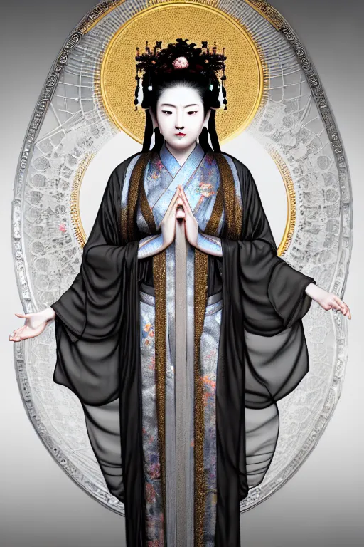 Image similar to full body portrait of guanyin in intricate milky reflective silk hanfu, symmetrical design, craig mullins, hr giger, sadan vague, artstation, baroque, highly detailed, 4 k post - processing, 8 k resolution