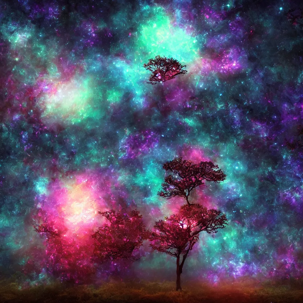 Image similar to Tree in a galaxy made of stars, space, nebulas stars Dmt Psychedelic cosmos, cosmic, Hallucination, night sky; 8k, artstation, unreal engine, octane render, hdr, surrealistic, hyperrealism, glow, photorealistic, volumetric lighting, Dreamy, dynamic, mystical