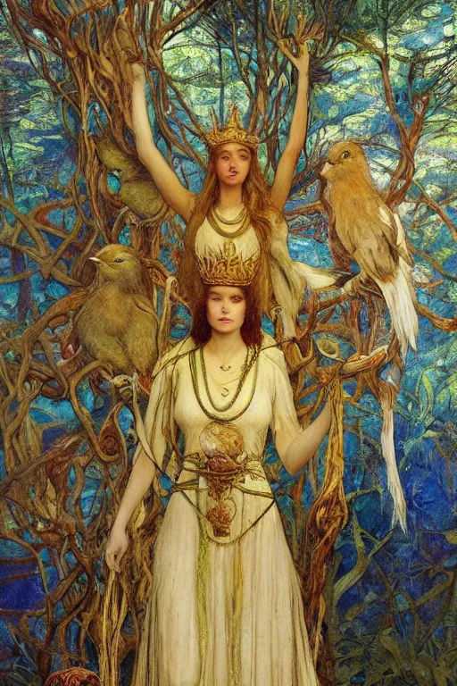 Prompt: the queen of the forest with her birds, by Annie Swynnerton and jean delville and Nicholas Roerich, elaborately costumed, rich color, dramatic cinematic lighting, smooth, sharp focus, extremely detailed, featured on artstation