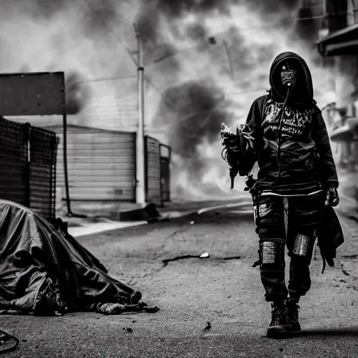 Prompt: Candid extreme wide shot of a poor techwear mixed woman with tattoos outside of a futuristic Los Angeles on fire, homeless tents on the side of the road, military police, cyberpunk, 4k, extreme long shot, desaturated, full shot, action shot, blurry, sigma 85mm f/1.4, high resolution, 4k, 8k, hd, full color