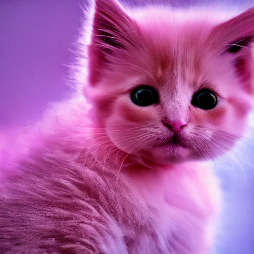 Prompt: Beautiful pink fluffy kitten, background golden cosic nebular dreamlike Photography, First-Person, Full-HD, Natural Lighting